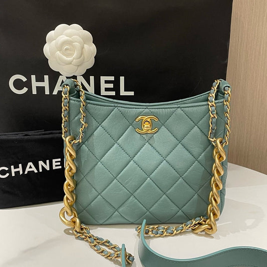 Chanel p Hobo Bag Mint Green Quilted Leather Medium Size Gold Chain Strap