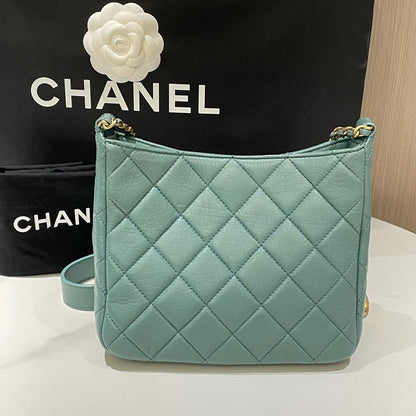Chanel p Hobo Bag Mint Green Quilted Leather Medium Size Gold Chain Strap
