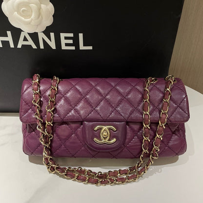 Chanel Vintage Baguette Flap Bag Purple Leather Quilted Chain Strap  Inch