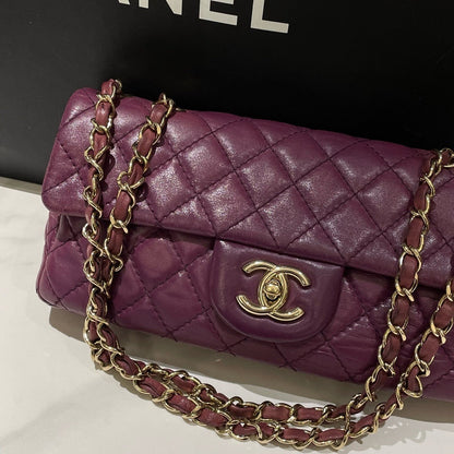 Chanel Vintage Baguette Flap Bag Purple Leather Quilted Chain Strap  Inch