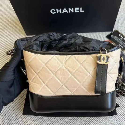 Chanel Gabrielle Small Beige Black Quilted Leather Bag with ity Card