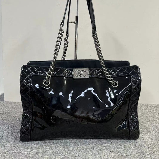 Chanel Black Quilted Leather Chain Tote Bag Medium Size