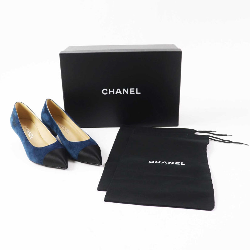Chanel Blue Black Suede Leather Cap Toe Pumps Size .