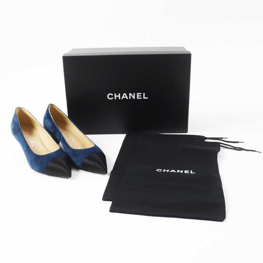 Chanel Blue Black Suede Leather Cap Toe Pumps Size .