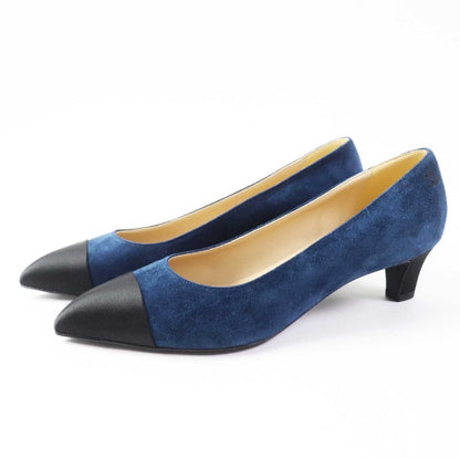 Chanel Blue Black Suede Leather Cap Toe Pumps Size .