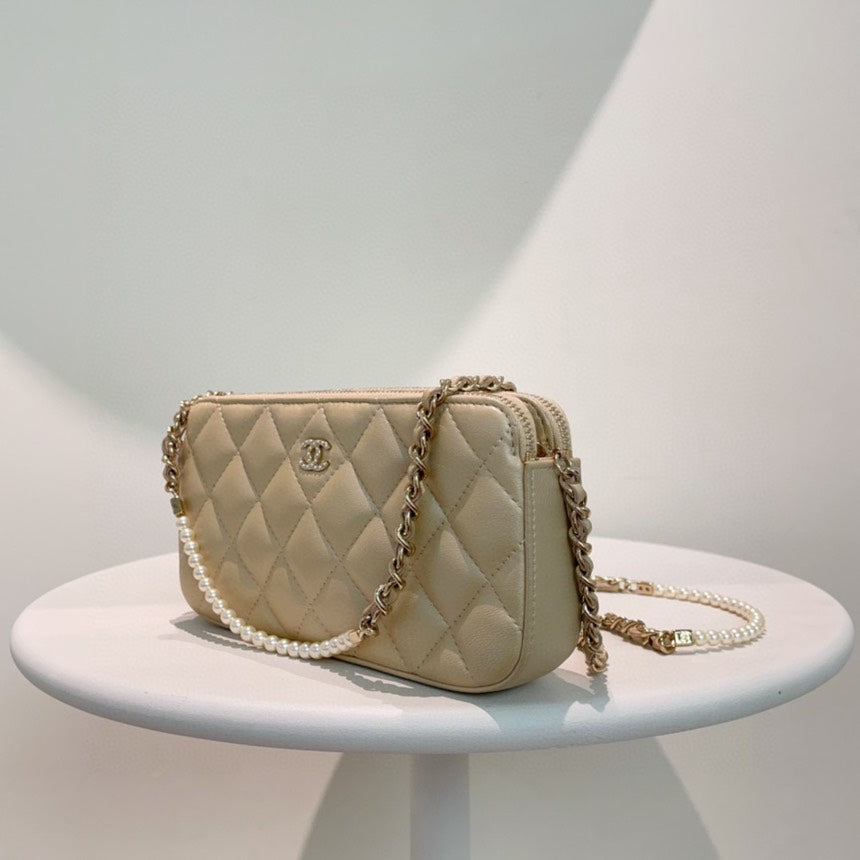 Chanel WOC Beige Leather Quilted Chain Wallet on Chain Classic Medium