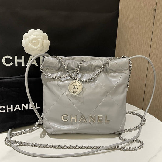 Chanel  Mini Bag Gray Leather Shoulder Bag with Chain Strap
