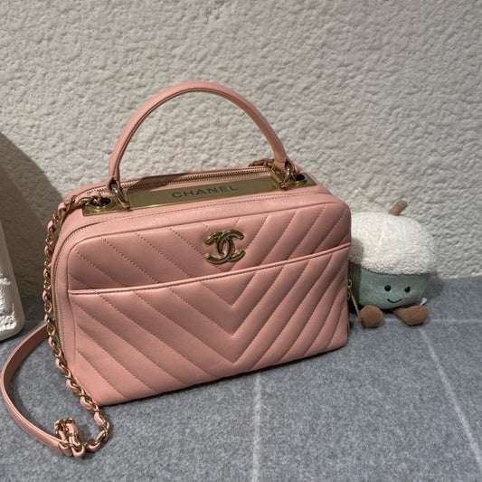 Chanel Trendy CC Pink Leather Chevron Quilted Bowling Bag Medium