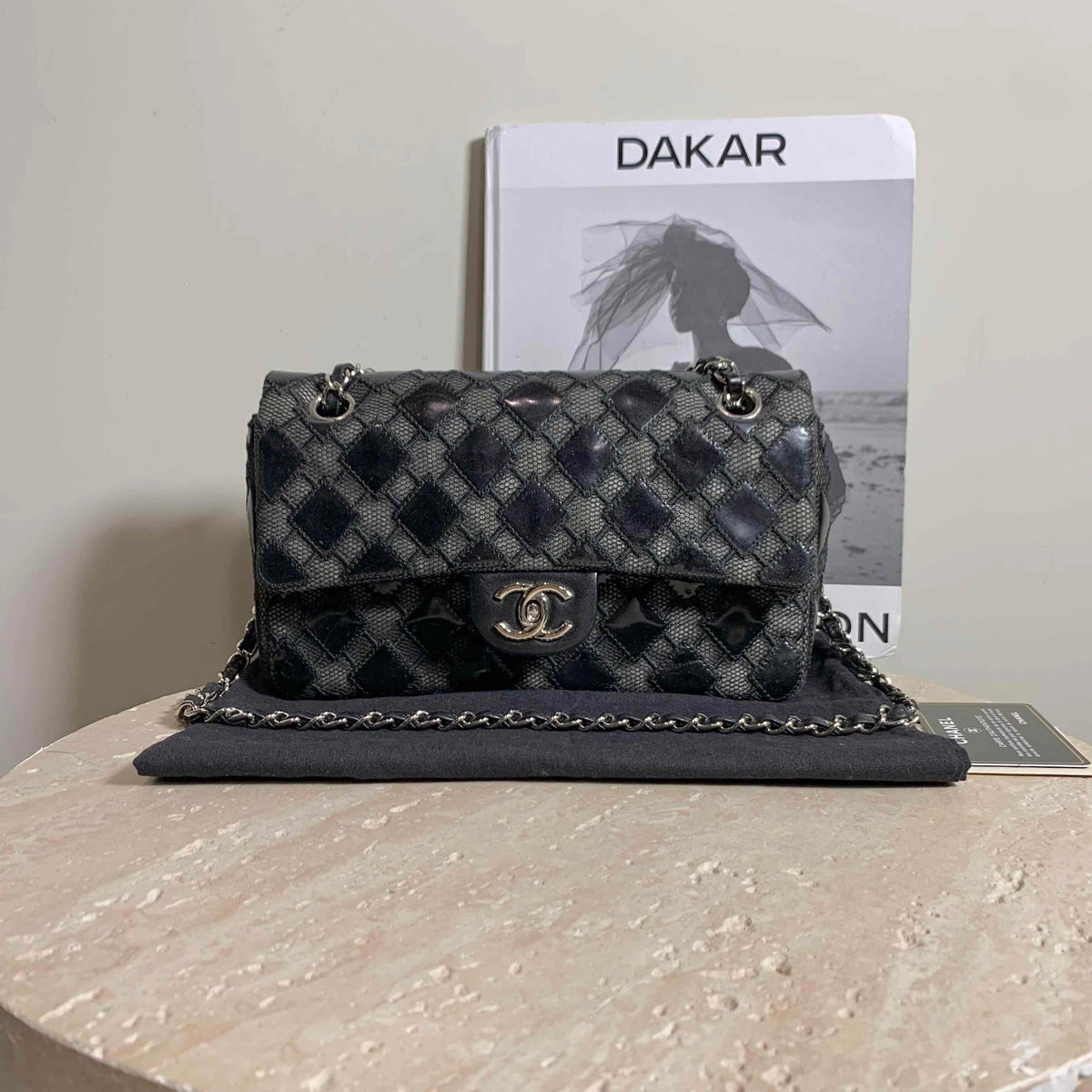 Chanel CF  Black Leather Quilted Handbag with Chain Strap Medium Size