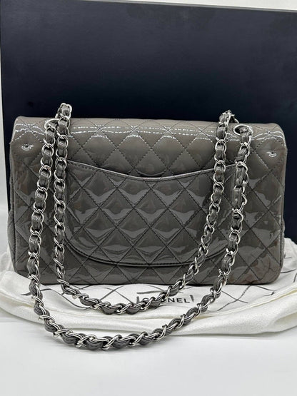 Chanel Classic Flap Bag Quilted Patent Gray Medium