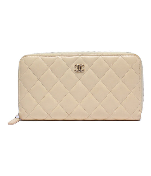 Chanel Beige Leather Quilted Zip Around Clutch Wristlet