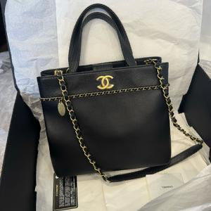 Chanel Black Leather Tote Bag Medium with Gold Chain Handles and CC Logo