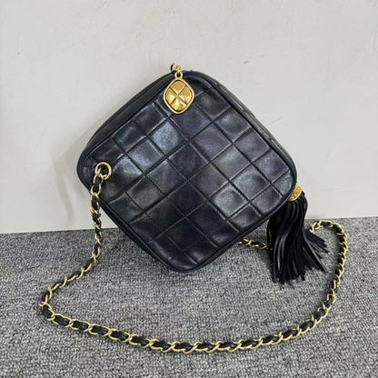 Chanel Black Leather Quilted Chain Shoulder Bag Square Size with Tassel