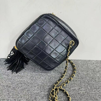 Chanel Black Leather Quilted Chain Shoulder Bag Square Size with Tassel