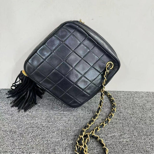 Chanel Black Leather Quilted Chain Shoulder Bag Square Size with Tassel