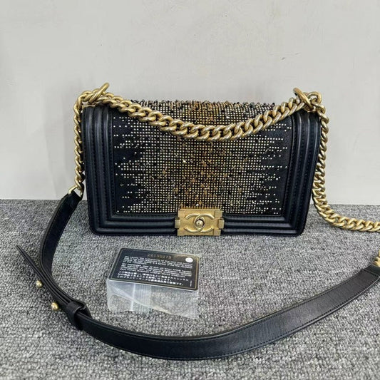 Chanel Leboy Black Embellished Leather Flap Bag with Card Medium