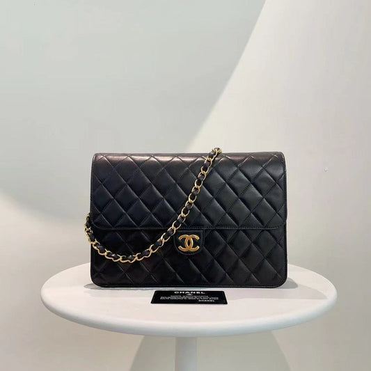 Chanel Classic Flap Bag Black Quilted Leather Medium Size Gold Hardware
