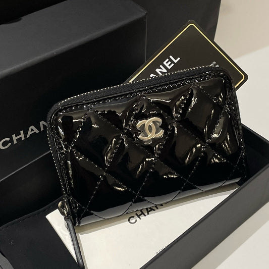 Chanel Black Patent Leather Quilted Card Holder  Model