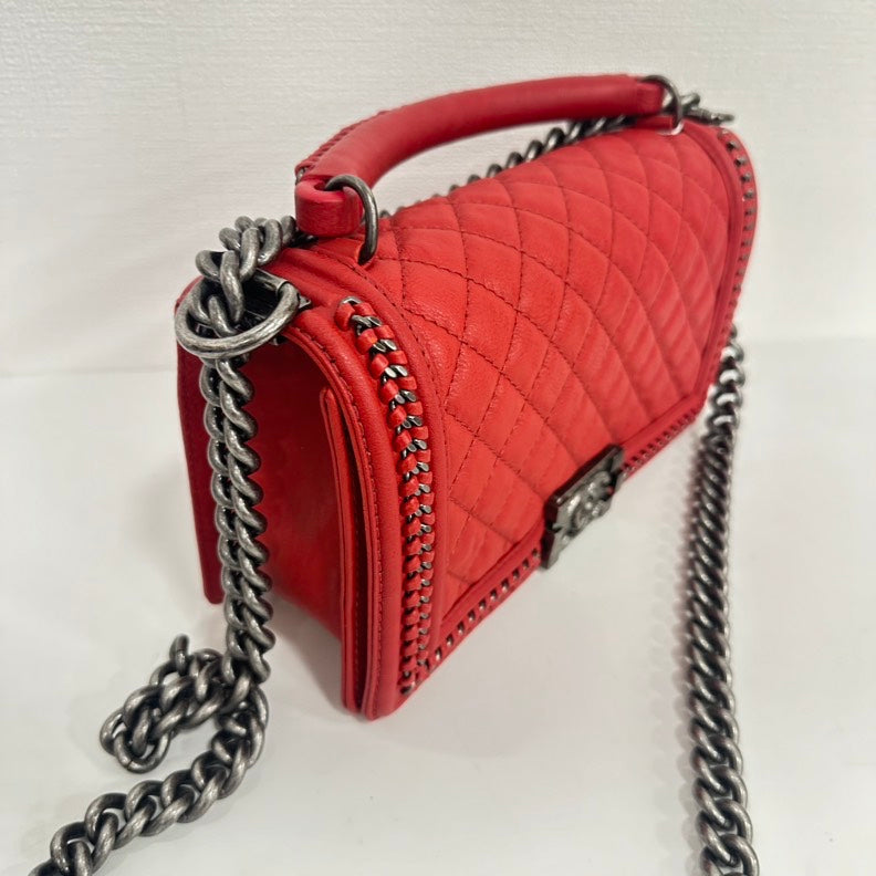 Chanel Boy Red Calfskin Top Handle way Bag