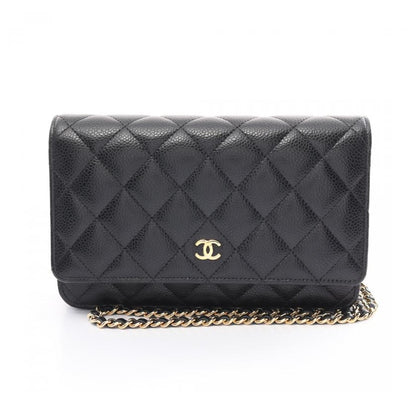 CHANEL Matelasse Black Caviar Leather Chain Wallet Gold Hardware