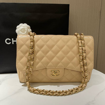 Chanel Classic Single Flap Jumbo Beige Caviar Leather