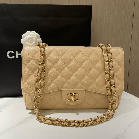 Chanel Classic Single Flap Jumbo Beige Caviar Leather