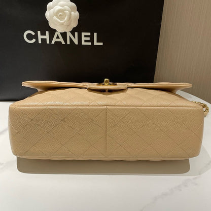 Chanel Classic Single Flap Jumbo Beige Caviar Leather