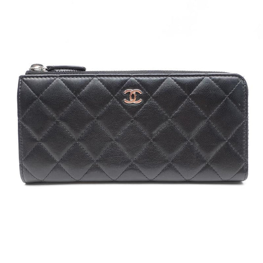 Chanel CC Black Lambskin Leather Quilted Zippy Wallet