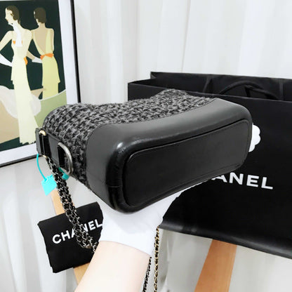 Chanel Wandering Black Tweed Leather Shoulder Bag Medium