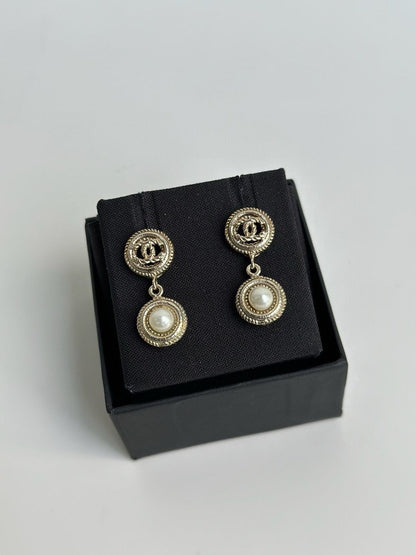 Chanel Gold Pearl Round Drop Earrings
