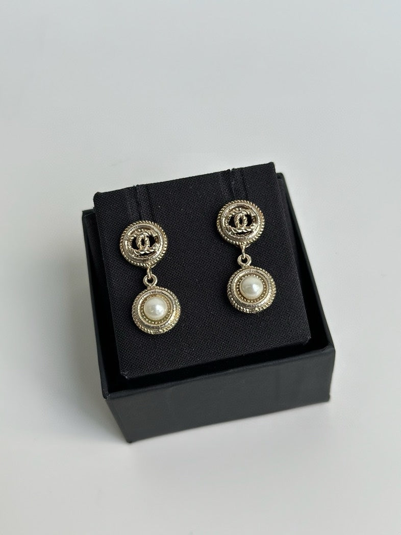 Chanel Gold Pearl Round Drop Earrings