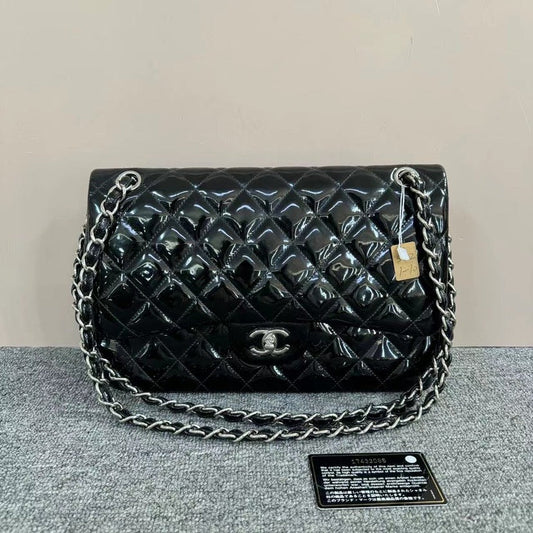 Chanel Classic Flap Black Patent Leather Quilted Bag Medium