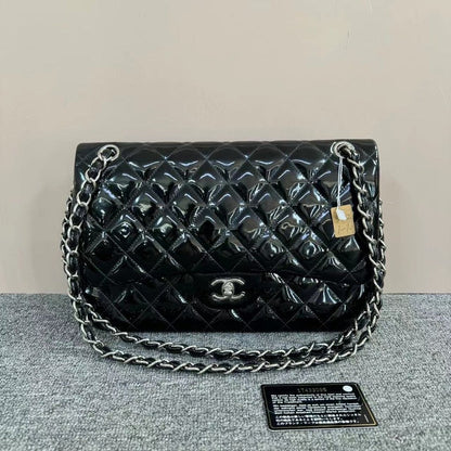 Chanel Classic Flap Black Patent Leather Quilted Bag Medium