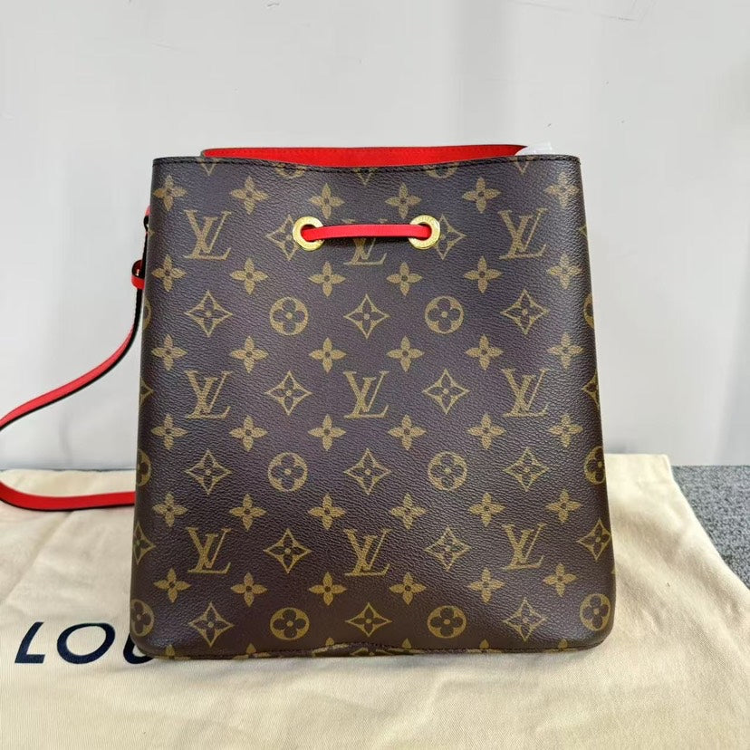 Louis Vuitton Noe Monogram Brown Red Bucket Bag