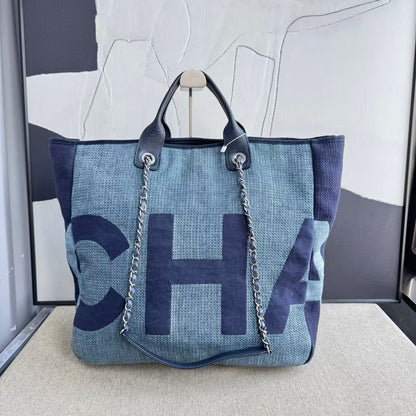Chanel Deauville Tote Bag Blue Canvas  Large