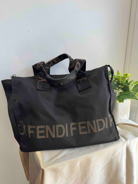 FENDI Vintage Tote Bag in Black Nylon with Fendi Logo