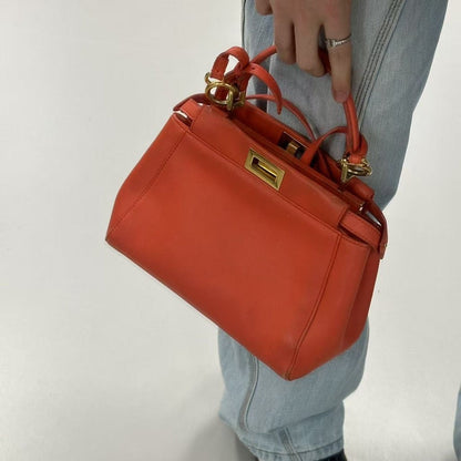 Fendi Orange Peekaboo Leather Satchel Bag