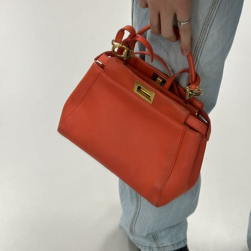 Fendi Orange Peekaboo Leather Satchel Bag
