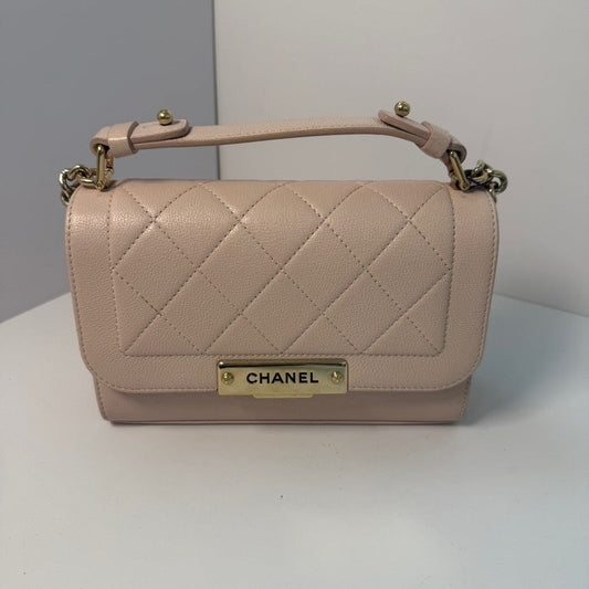 Chanel Flap Bag with Handle in Beige Leather ‑ Top Handle Bag