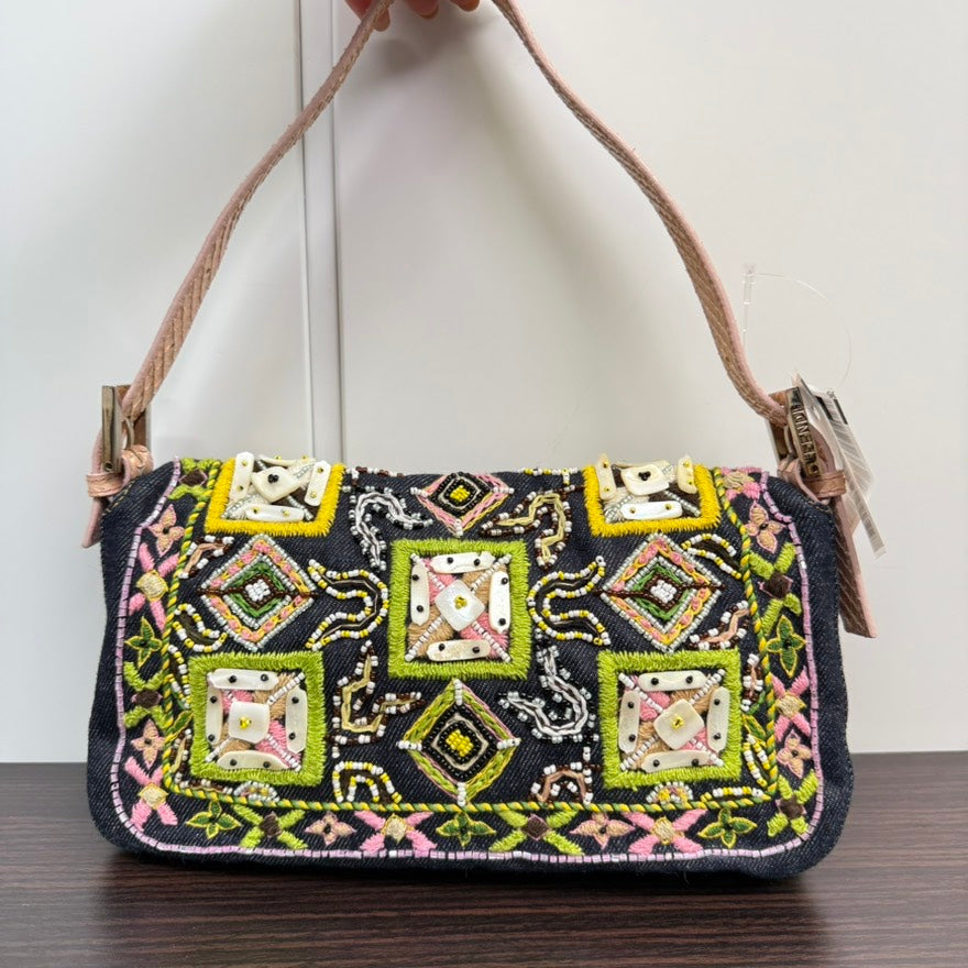 Rare✨  Fendi Python Beaded Denim Baguette Shoulder Bag LB110112 in Multicolor