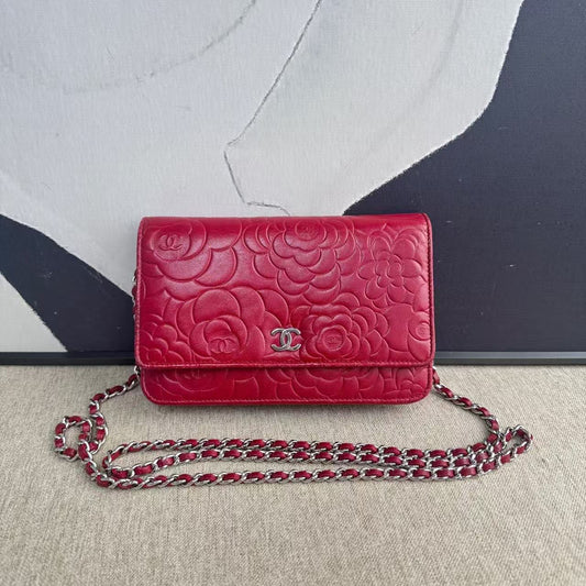 Chanel WOC Red Leather Camellia Embossed Crossbody Bag