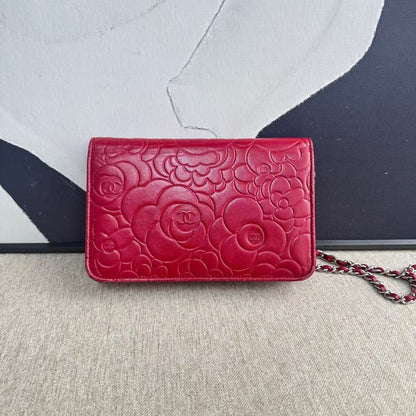 Chanel WOC Red Leather Camellia Embossed Crossbody Bag