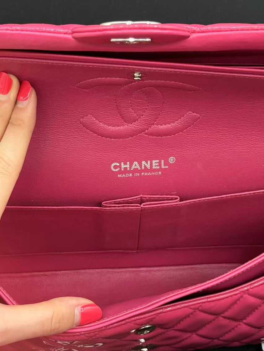 Chanel Double Flap CF Medium Pink Patent Shoulder Bag  Full Set