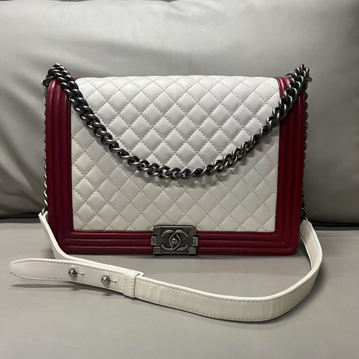 Chanel LeBoy Shoulder Bag in White and Red Leather - Designer Handbag