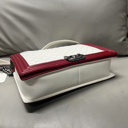 Chanel LeBoy Shoulder Bag in White and Red Leather - Designer Handbag