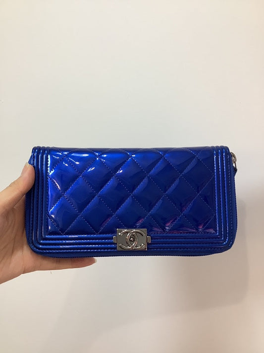 Chanel Boy Patent Wallet in Electric Blue with Card - Designer Handbag