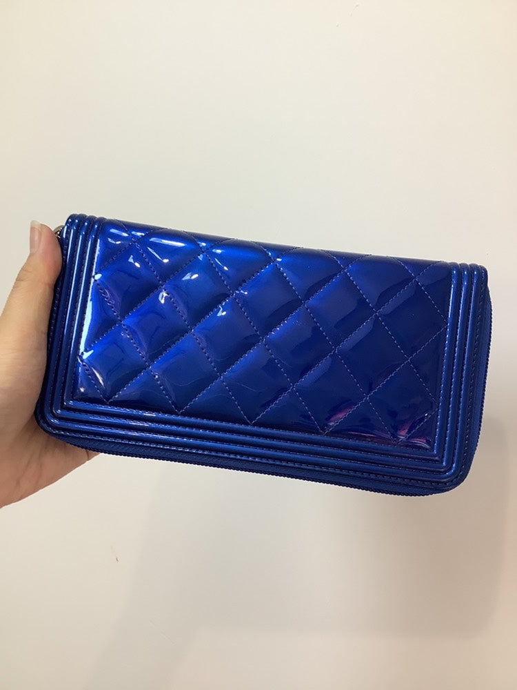 Chanel Boy Patent Wallet in Electric Blue with Card - Designer Handbag