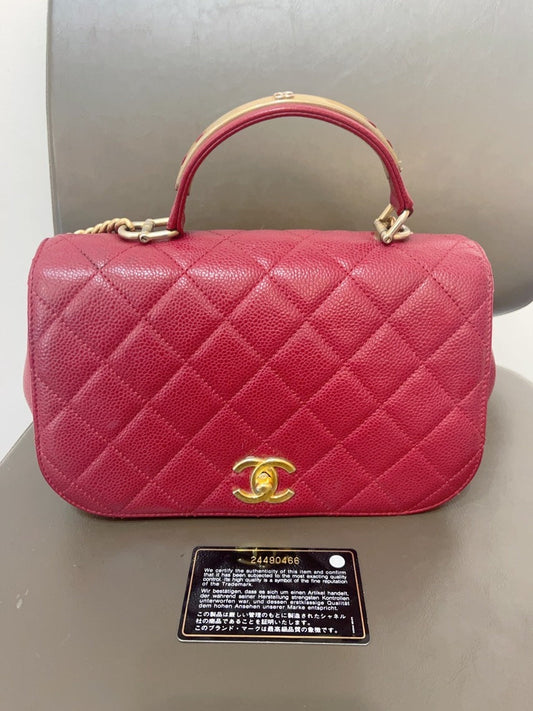 Chanel Handle Flap Bag with Card Red Leather Top Handle Bag