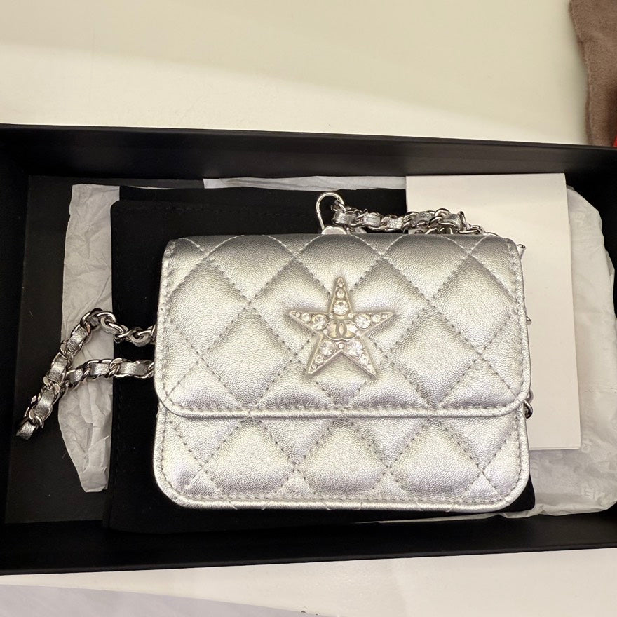 Chanel Mini Bag Silver Quilted Leather Crossbody