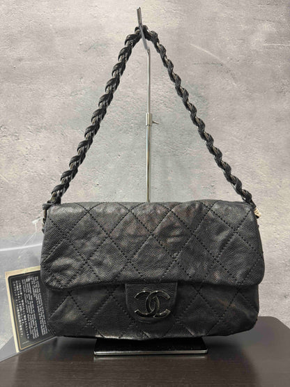 Chanel Caviar Flap Shoulder Bag Black Leather RE